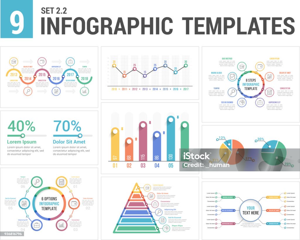9 Infographic Templates 9 infographic templates, set 2, colors 2 - timeline, bar and line charts, pyramid, pie chart, percents, steps/options, circle diagram, vector eps10 illustration Banner - Sign stock vector
