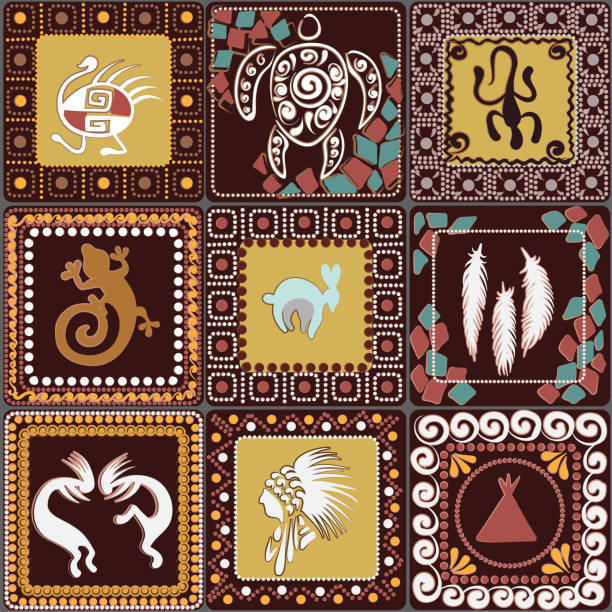 Seamless pattern with squares pattern with imitation of elements of rock art of ancient Indians, Aztecs, cavemen