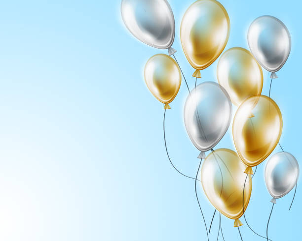 istock Holiday background with gold and silver air flying balloons on blue sky 936817326
