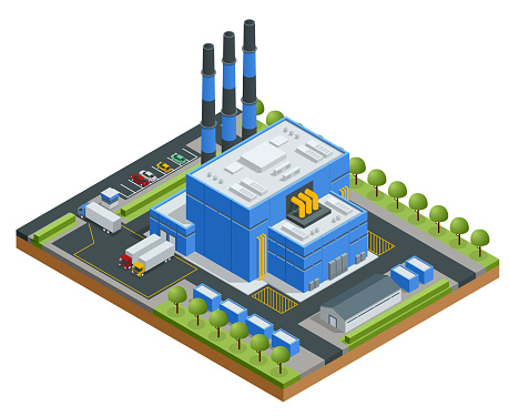 Isometric Waste Processing Plant. Technological process. Truck transporting trash to recycling plant. Production new goods from recicled materials