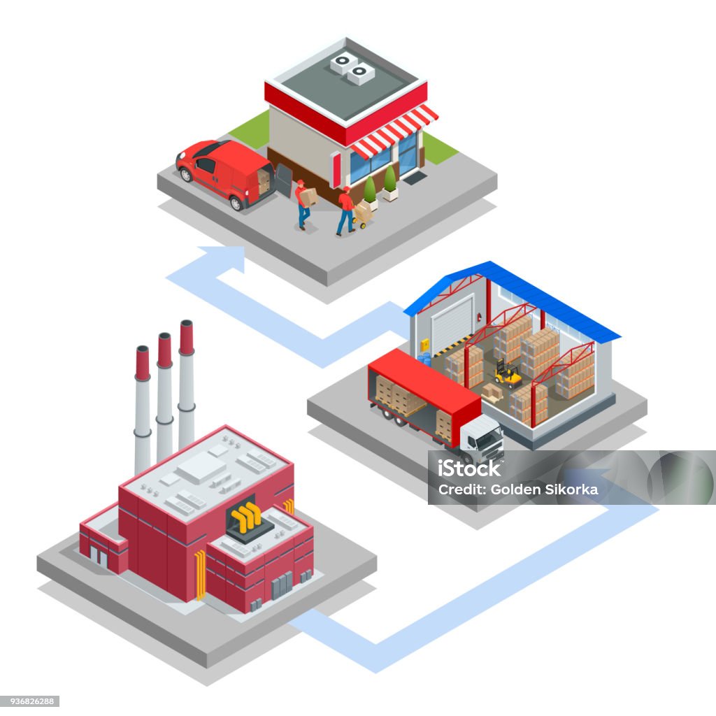 Isometric Waste Processing Plant. Technological process. Truck transporting trash to recycling plant. Production new goods from recicled materials. Isometric Waste Processing Plant. Technological process. Truck transporting trash to recycling plant. Production new goods from recicled materials Factory stock vector