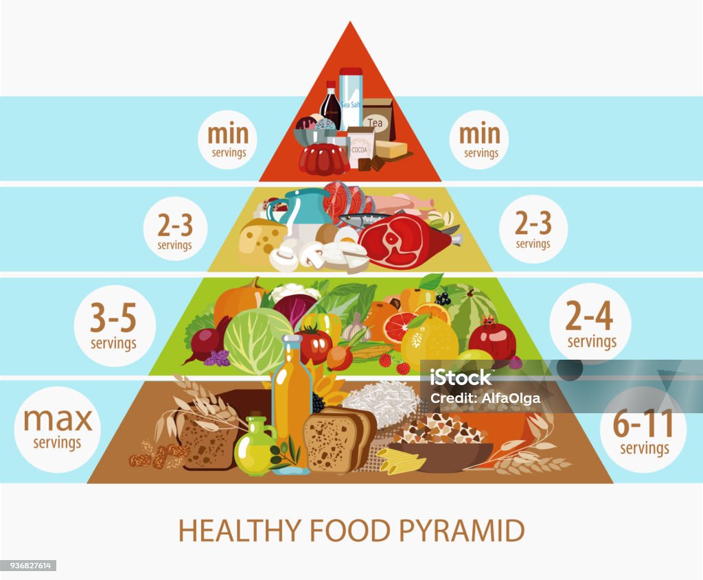 Food pyramid. Food pyramid. Daily intake of food. The recommended number of servings of food. Natural organic food - cereals, dairy products, meat, fish, vegetables, fruits. Food Pyramid stock vector