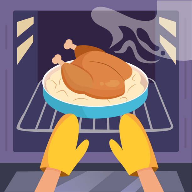 illustrazioni stock, clip art, cartoni animati e icone di tendenza di pollo in forno. vettore - two objects appliance oven tray