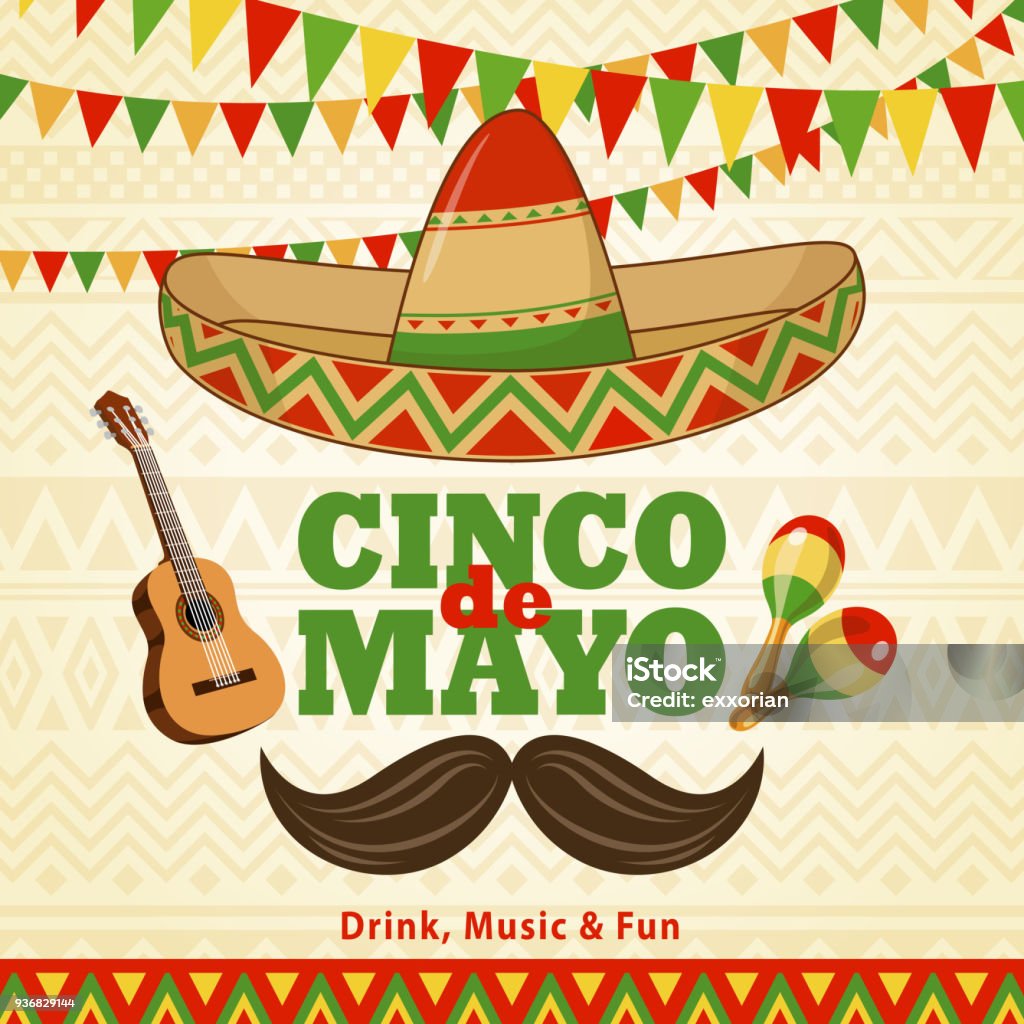 Cinco De Mayo Celebration Celebrate Cinco De Mayo with bunting, sombrero, guitar, maracas and mustache on the folk art pattern for the fiesta Mexico stock vector