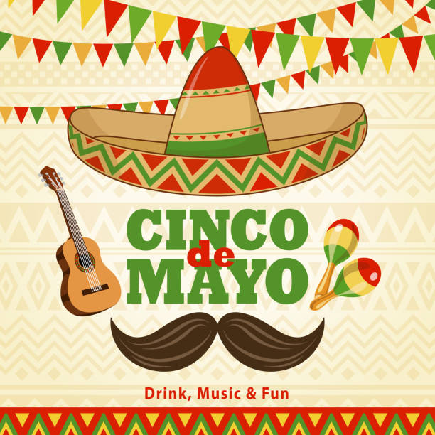 Celebrate Cinco De Mayo with bunting, sombrero, guitar, maracas and mustache on the folk art pattern for the fiesta