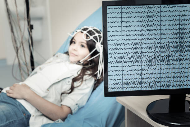 Close up of professional equipment Professional electroencephalogram. Selective focus of a computer monitor showing electrical activity of the brain eeg stock pictures, royalty-free photos & images