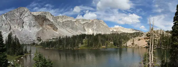 Panorama of the Snowy Mountain Range in Medicine Bow National Forest, Wyoming, USA -- with Lake Marie.