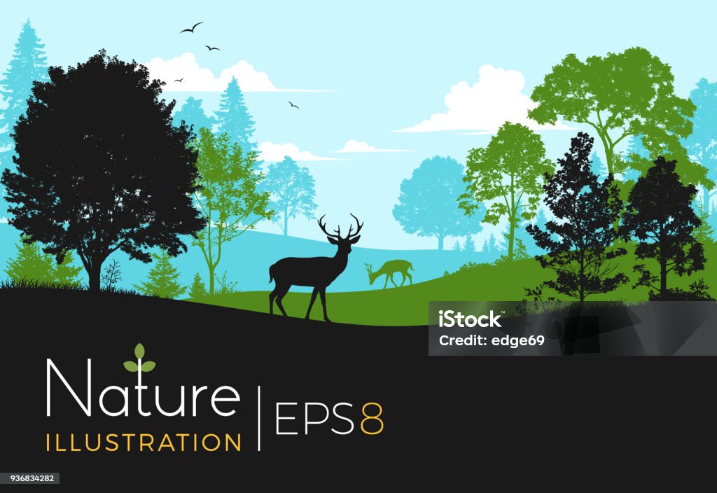 Forest Background With Deer Nature Background with forest, hills and deer. In Silhouette stock vector