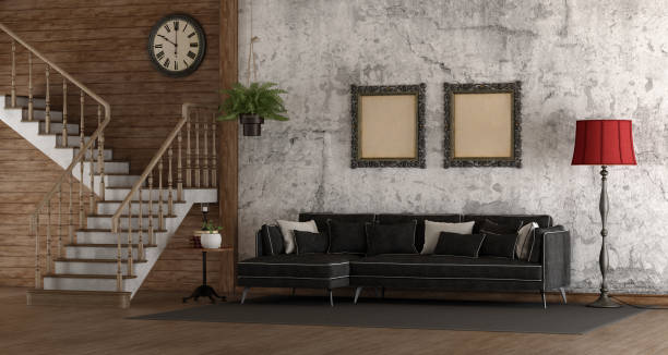 istock Retro room with stair and sofa 936847270