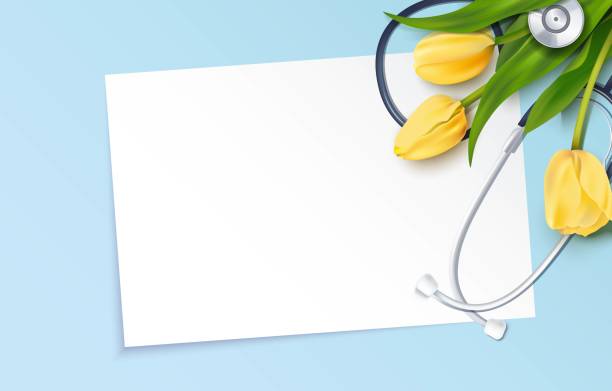 Bunch of yellow tulips and stethoscope on blue background. Bunch of yellow tulips and stethoscope on blue background. Happy nurse day. Vector illustration nurse borders stock illustrations