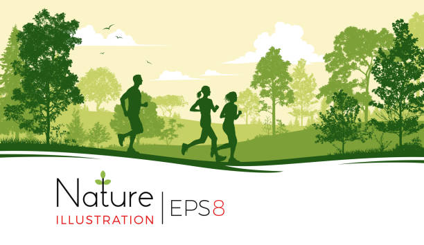 illustrazioni stock, clip art, cartoni animati e icone di tendenza di giovani che corrono nel parco - landscape tree environment field