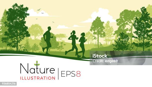 Young People Running In The Park Stock Illustration - Download Image Now - Tree, In Silhouette, Public Park