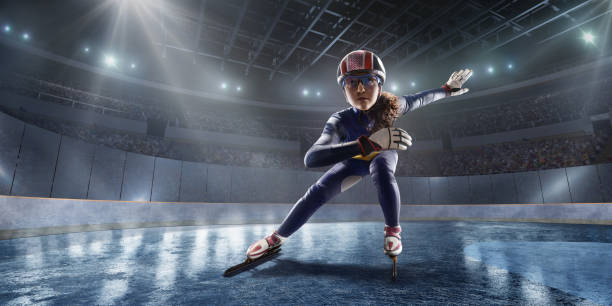 slide de atleta feminina short track na arena de gelo profissional - ski arena - fotografias e filmes do acervo