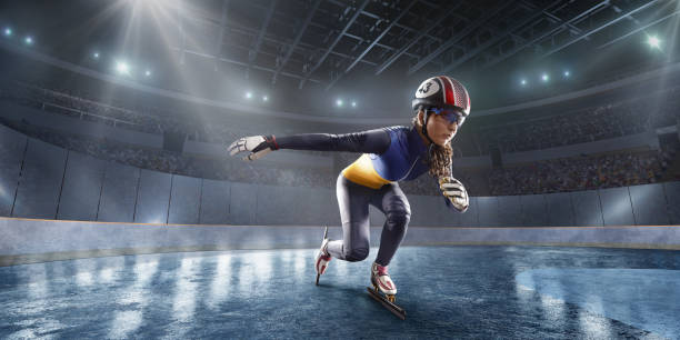 slide de atleta feminina short track na arena de gelo profissional - ski arena - fotografias e filmes do acervo