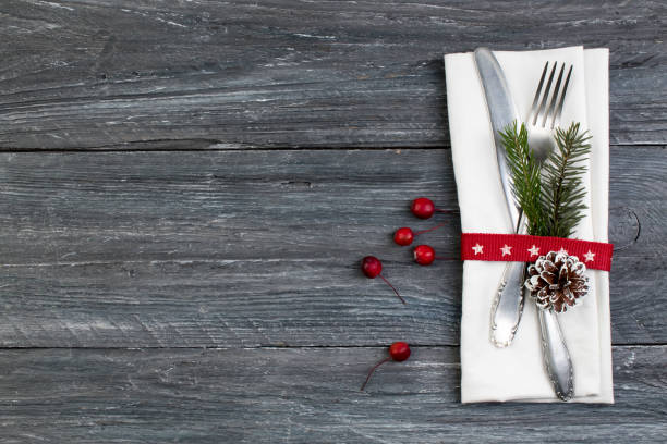 istock Christmas table place setting. Holidays background. Top view with copy space 936862056