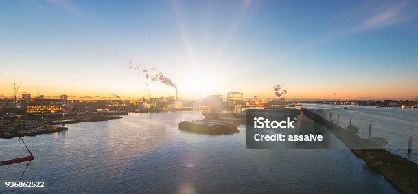 istock Panoramic view over harbour destrict in Amsterdam, Europe 936862522