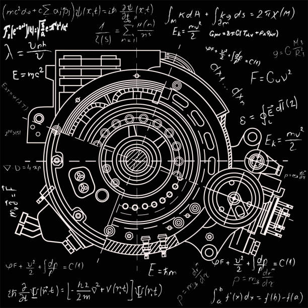 Drawing the electric motor section representing the internal structure and mechanisms. It can be used to illustrate the ideas related to science, engineering design and high-tech Drawing the electric motor section representing the internal structure and mechanisms. It can be used to illustrate the ideas related to science, engineering design and high-tech. Chalk on blackboard drawing of a advanced math formulas stock illustrations