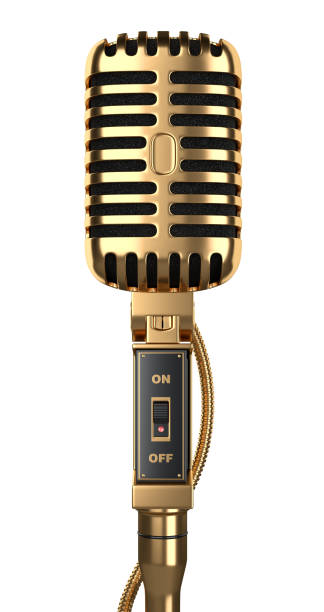 istock Vintage old golden audio microphone with switch and wire - front view. 936863244
