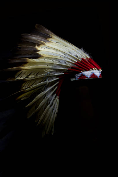 guerra bonnet, tocado de plumas de águila de oro con estuche - headdress fotografías e imágenes de stock