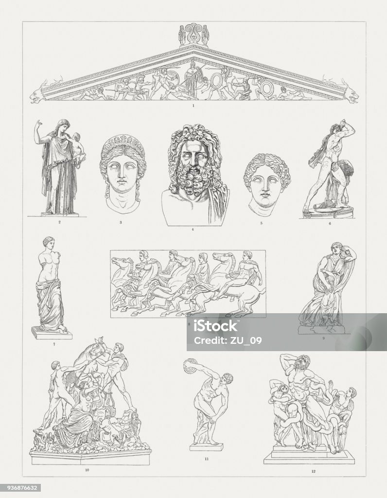 Greek sculpture art, wood engravings, published in 1897 Greek sculpture art: 1) West Pediment of the Temple of Aphaia, Greece, 490 BC (today Glyptothek Munich); 2) Eirene (Peace) bearing Plutus (Wealth), Roman copy after a Greek votive statue by Kephisodotos (ca. 370 BC) which stood on the agora in Athens (today Glyptothek Munich); 3) Juno Ludovisi, Museo Nazionale Romano, Rome, Italy; 4) Zeus of Otricoli, Roman copy (marble bust) after a Greek original from the 4th century; 5) Kaufmann head, Attic school (Musée du Louvre, Paris, France); 6) Gálata Ludovisi - Palazzo Altemps (Museo Nazionale Romano, Rome, Italy); 7) Venus de Milo by Alexandros of Antioch, between 130 and 100 BC (Musée du Louvre, Paris, France); 8) Parthenon Frieze, between c. 443 and 437 BC (British Museum, London, United Kingdom); 9) Niobe and her Youngest Daughter, between cia. 400 and ca. 300 BC (Galleria degli Uffizi, Florence, Italy); 10) Farnese Bull, Roman copy of a Hellenistic sculpture (Museo Archeologico Nazionale Napoli, Naples, Italy); 11) Discus Thrower (Diskobolus), Roman marble copy of a Greek bronze sculpture by Myron, c. 450 BC (National Roman Museum, Rome); 12) Laocoön Group, Roman marble copy of a Greek bronze sculpture, between 27 BC and 68 AD (Vatican Museums). Wood engravings, published in 1897. Greek Culture stock illustration