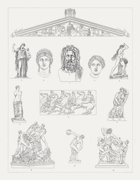 Greek sculpture art, wood engravings, published in 1897 Greek sculpture art: 1) West Pediment of the Temple of Aphaia, Greece, 490 BC (today Glyptothek Munich); 2) Eirene (Peace) bearing Plutus (Wealth), Roman copy after a Greek votive statue by Kephisodotos (ca. 370 BC) which stood on the agora in Athens (today Glyptothek Munich); 3) Juno Ludovisi, Museo Nazionale Romano, Rome, Italy; 4) Zeus of Otricoli, Roman copy (marble bust) after a Greek original from the 4th century; 5) Kaufmann head, Attic school (Musée du Louvre, Paris, France); 6) Gálata Ludovisi - Palazzo Altemps (Museo Nazionale Romano, Rome, Italy); 7) Venus de Milo by Alexandros of Antioch, between 130 and 100 BC (Musée du Louvre, Paris, France); 8) Parthenon Frieze, between c. 443 and 437 BC (British Museum, London, United Kingdom); 9) Niobe and her Youngest Daughter, between cia. 400 and ca. 300 BC (Galleria degli Uffizi, Florence, Italy); 10) Farnese Bull, Roman copy of a Hellenistic sculpture (Museo Archeologico Nazionale Napoli, Naples, Italy); 11) Discus Thrower (Diskobolus), Roman marble copy of a Greek bronze sculpture by Myron, c. 450 BC (National Roman Museum, Rome); 12) Laocoön Group, Roman marble copy of a Greek bronze sculpture, between 27 BC and 68 AD (Vatican Museums). Wood engravings, published in 1897. classical greek illustrations stock illustrations