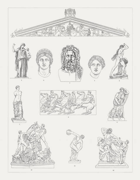 Greek sculpture art, wood engravings, published in 1897 Greek sculpture art: 1) West Pediment of the Temple of Aphaia, Greece, 490 BC (today Glyptothek Munich); 2) Eirene (Peace) bearing Plutus (Wealth), Roman copy after a Greek votive statue by Kephisodotos (ca. 370 BC) which stood on the agora in Athens (today Glyptothek Munich); 3) Juno Ludovisi, Museo Nazionale Romano, Rome, Italy; 4) Zeus of Otricoli, Roman copy (marble bust) after a Greek original from the 4th century; 5) Kaufmann head, Attic school (Musée du Louvre, Paris, France); 6) Gálata Ludovisi - Palazzo Altemps (Museo Nazionale Romano, Rome, Italy); 7) Venus de Milo by Alexandros of Antioch, between 130 and 100 BC (Musée du Louvre, Paris, France); 8) Parthenon Frieze, between c. 443 and 437 BC (British Museum, London, United Kingdom); 9) Niobe and her Youngest Daughter, between cia. 400 and ca. 300 BC (Galleria degli Uffizi, Florence, Italy); 10) Farnese Bull, Roman copy of a Hellenistic sculpture (Museo Archeologico Nazionale Napoli, Naples, Italy); 11) Discus Thrower (Diskobolus), Roman marble copy of a Greek bronze sculpture by Myron, c. 450 BC (National Roman Museum, Rome); 12) Laocoön Group, Roman marble copy of a Greek bronze sculpture, between 27 BC and 68 AD (Vatican Museums). Wood engravings, published in 1897. bull head man stock illustrations