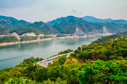 Chungju Lake and mountains, and bridge in Jecheon, korea