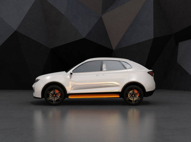 istock Side view of white self-driving electric SUV on black geometric background 936877582