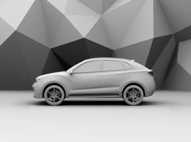 Side view of clay rendering electric SUV on geometric background. 3D rendering image.