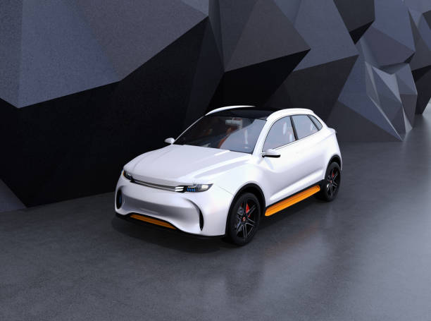 istock White self-driving electric SUV on black geometric background 936881900