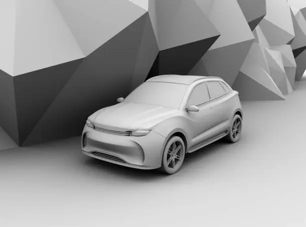 Clay model rendering electric SUV on geometric background. 3D rendering image.