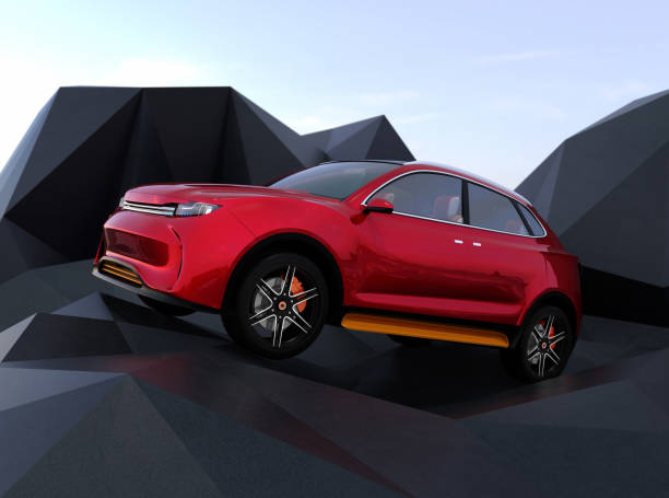 istock Metallic red electric SUV on geometric hard surface ground 936881988