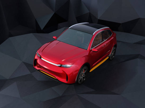 istock Metallic red electric SUV on geometric hard surface ground 936882074