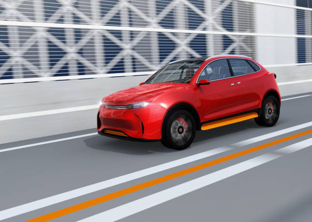 istock Metallic red autonomous electric SUV driving on the highway 936882804