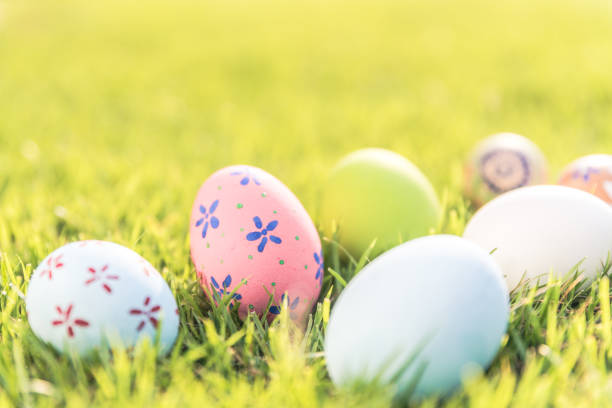 istock Happy easter!  Closeup Colorful Easter eggs on green grass field during sunset background. 936887268