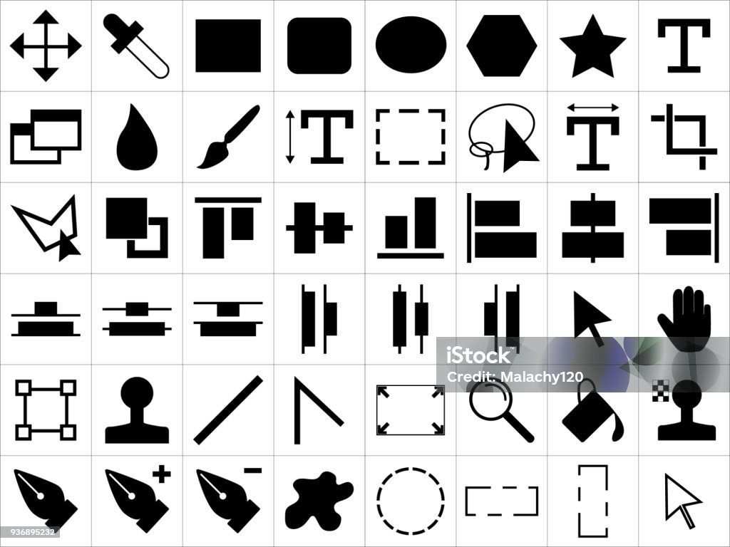 Icon set of design tools Large and detailed icon set of design tools Graphics Editing Software stock vector