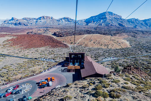 Tenerife, Spain - February 22, 2018: Cablecar Pico del Teide in snow, view from the cable car through window. The image shows a cablecar, which runs from a base station at El Teide National Park up to the volcano El Teide, Canary islands. It's a very popular excursion for tourists.
