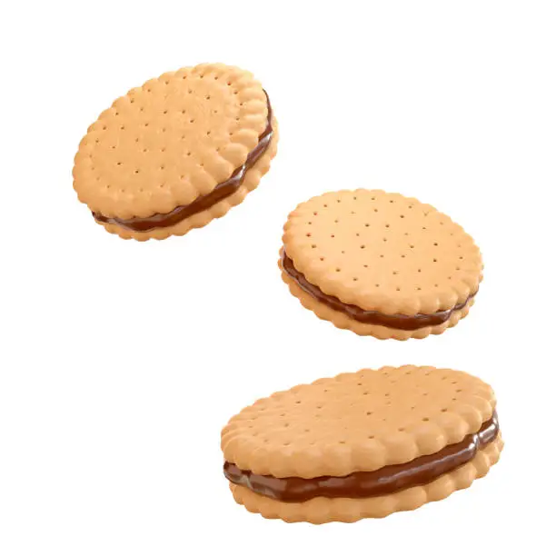 Sandwich chocolate cookies with chocolate fill, 3d illustration for biscuit package design.
