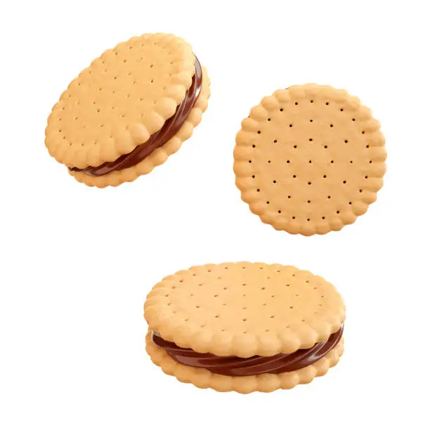 Sandwich chocolate cookies with chocolate fill, 3d illustration for biscuit package design.