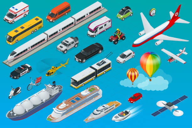 Flat isometric city transport icon set. Flat isometric city transport icon set. Air, land and sea transport. Vector illustration small bus stock illustrations