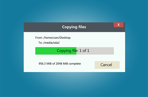 Computer window progress bar of file copying. Isolated on blue background
