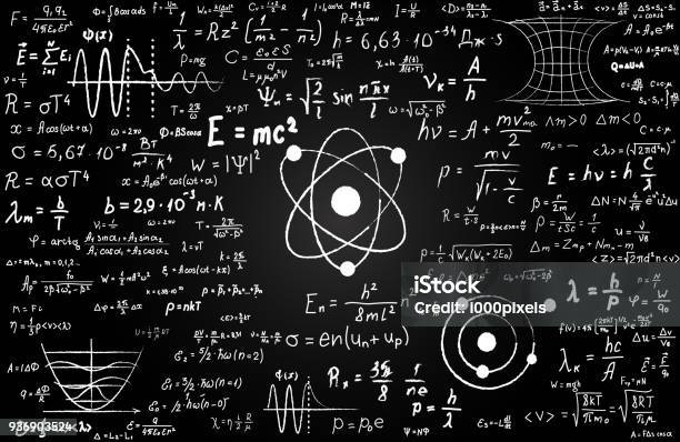 Lavagna Incisa Con Formule Scientifiche E Calcoli In Fisica E Matematica Può Illustrare Argomenti Scientifici Legati Alla Meccanica Quantistica Alla Teoria Della Relatività E A Qualsiasi Calcolo Scientifico - Immagini vettoriali stock e altre immagini di Fisica