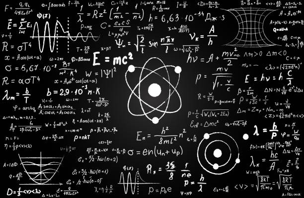 科学的な数式や物理学と数学の計算が刻まれた黒板。量子力学、相対性理論との科学的計算に関連付けられている科学トピックを説明することが - 化学点のイラスト素材／クリップアート素材／マンガ素材／アイコン素材
