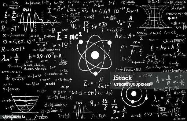 Blackboard Inscribed With Scientific Formulas And Calculations In Physics And Mathematics Can Illustrate Scientific Topics Tied To Quantum Mechanics Relativity Theory And Any Scientific Calculations Stock Illustration - Download Image Now