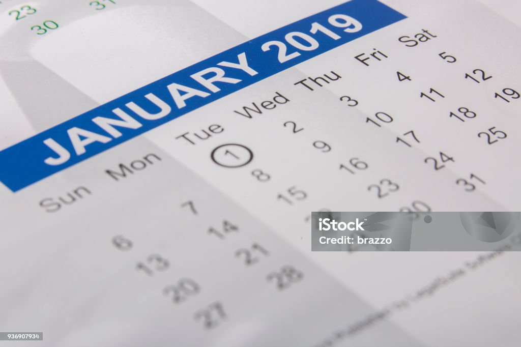 January 2019 month printed on a calendar January 2019 month printed on a paper calendar 2019 Stock Photo