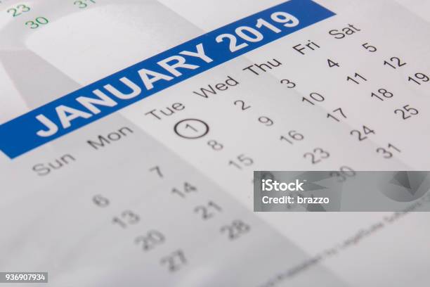 January 2019 Month Printed On A Calendar Stock Photo - Download Image Now - 2019, Backgrounds, Business