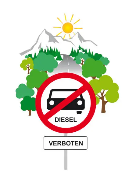 Vector illustration of Diesel driving ban road sign - Nature in the background