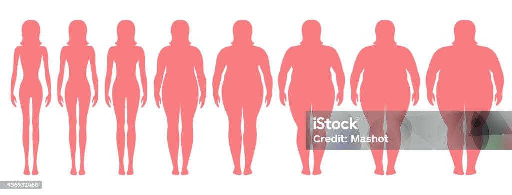 Vector illustration  of woman silhouettes with different  weight from anorexia to extremely obese. Female weight scale. Vector illustration  of woman silhouettes with different  weight from anorexia to extremely obese. Body mass index, weight loss concept. In Silhouette stock vector