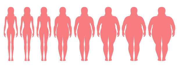 Vector illustration  of woman silhouettes with different  weight from anorexia to extremely obese. Female weight scale. Vector illustration  of woman silhouettes with different  weight from anorexia to extremely obese. Body mass index, weight loss concept. infographic silhouettes stock illustrations