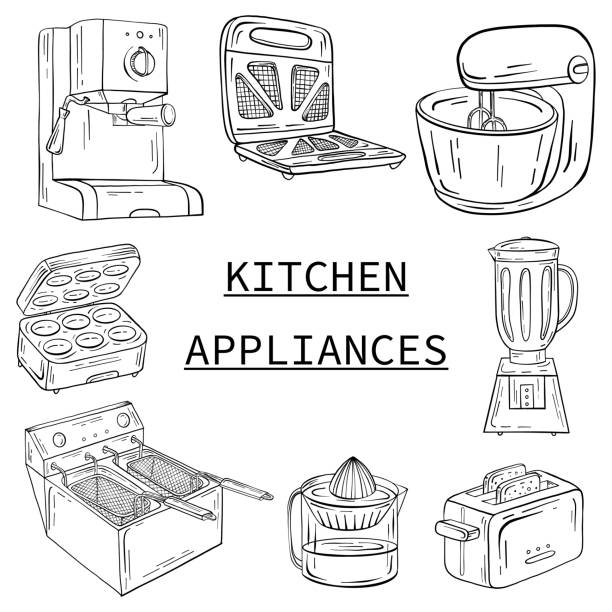 ilustrações, clipart, desenhos animados e ícones de aparelhos domésticos para a cozinha, o café e restaurante. ilustração vetorial na mão desenhada gráficos - electric juicer